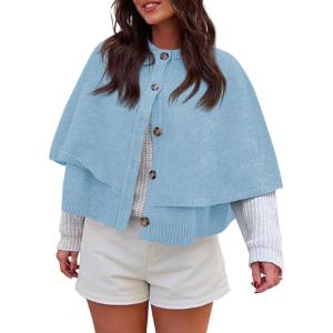 Saodimallsu Womens Cropped Cape Cardigan Button Up Crew Neck Jacket Shawl Fall Trendy Knit Sweater(Sky Blue)