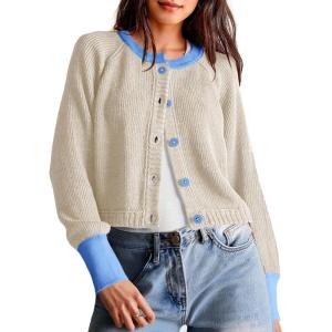 Saodimallsu Womens Cropped Cardigan Sweaters Button Down Open Front Long Sleeve Fall Trendy Color Block Knit Coats(Apricot)