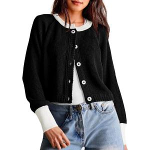 Saodimallsu Womens Cropped Cardigan Sweaters Button Down Open Front Long Sleeve Fall Trendy Color Block Knit Coats(Black)