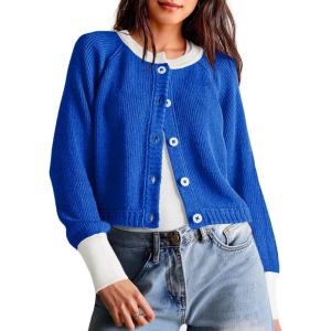 Saodimallsu Womens Cropped Cardigan Sweaters Button Down Open Front Long Sleeve Fall Trendy Color Block Knit Coats(Blue)