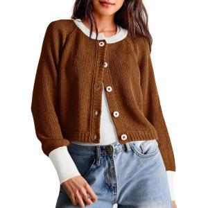 Saodimallsu Womens Cropped Cardigan Sweaters Button Down Open Front Long Sleeve Fall Trendy Color Block Knit Coats(Coffee)