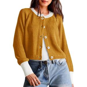 Saodimallsu Womens Cropped Cardigan Sweaters Button Down Open Front Long Sleeve Fall Trendy Color Block Knit Coats(Ginger)