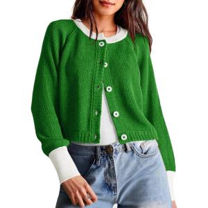 Saodimallsu Womens Cropped Cardigan Sweaters Button Down Open Front Long Sleeve Fall Trendy Color Block Knit Coats(Green)