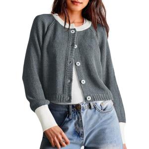 Saodimallsu Womens Cropped Cardigan Sweaters Button Down Open Front Long Sleeve Fall Trendy Color Block Knit Coats(Grey)