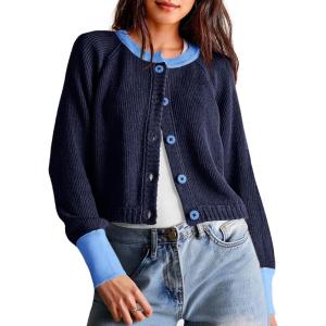 Saodimallsu Womens Cropped Cardigan Sweaters Button Down Open Front Long Sleeve Fall Trendy Color Block Knit Coats(Navy)