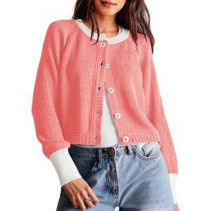 Saodimallsu Womens Cropped Cardigan Sweaters Button Down Open Front Long Sleeve Fall Trendy Color Block Knit Coats(Pink)