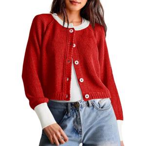 Saodimallsu Womens Cropped Cardigan Sweaters Button Down Open Front Long Sleeve Fall Trendy Color Block Knit Coats(Red)