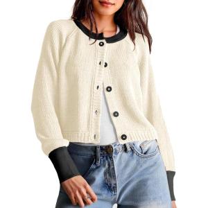Saodimallsu Womens Cropped Cardigan Sweaters Button Down Open Front Long Sleeve Fall Trendy Color Block Knit Coats(White)