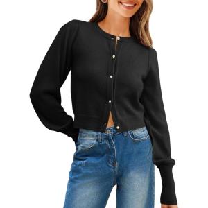 Saodimallsu Womens Cropped Cardigan Sweaters Crew Neck Button Down Long Puff Sleeve Loose Knit Fall Trendy Sweater Tops(Black)