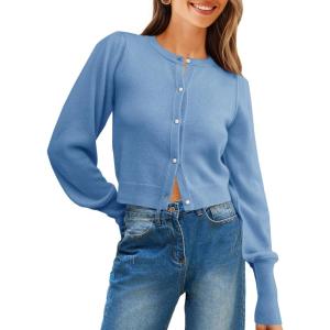 Saodimallsu Womens Cropped Cardigan Sweaters Crew Neck Button Down Long Puff Sleeve Loose Knit Fall Trendy Sweater Tops(Blue)