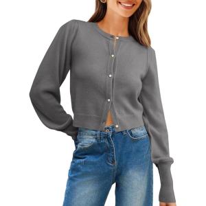 Saodimallsu Womens Cropped Cardigan Sweaters Crew Neck Button Down Long Puff Sleeve Loose Knit Fall Trendy Sweater Tops(Gray)