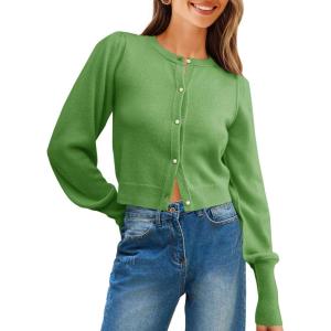 Saodimallsu Womens Cropped Cardigan Sweaters Crew Neck Button Down Long Puff Sleeve Loose Knit Fall Trendy Sweater Tops(Green)