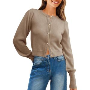 Saodimallsu Womens Cropped Cardigan Sweaters Crew Neck Button Down Long Puff Sleeve Loose Knit Fall Trendy Sweater Tops(Khaki)
