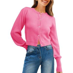 Saodimallsu Womens Cropped Cardigan Sweaters Crew Neck Button Down Long Puff Sleeve Loose Knit Fall Trendy Sweater Tops(Rose Red)