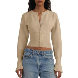 Saodimallsu Womens Cropped Sweaters Button Down Long Sleeve V Neck Ribbed Knit Slim Fit Pullover Crop Tops(Apricot)