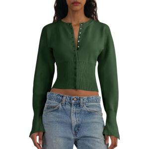 Saodimallsu Womens Cropped Sweaters Button Down Long Sleeve V Neck Ribbed Knit Slim Fit Pullover Crop Tops(Army Green)
