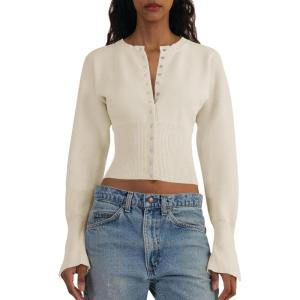 Saodimallsu Womens Cropped Sweaters Button Down Long Sleeve V Neck Ribbed Knit Slim Fit Pullover Crop Tops(Beige)
