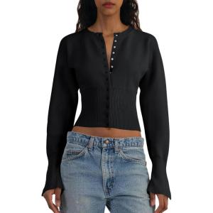Saodimallsu Womens Cropped Sweaters Button Down Long Sleeve V Neck Ribbed Knit Slim Fit Pullover Crop Tops(Black)