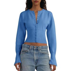 Saodimallsu Womens Cropped Sweaters Button Down Long Sleeve V Neck Ribbed Knit Slim Fit Pullover Crop Tops(Blue)