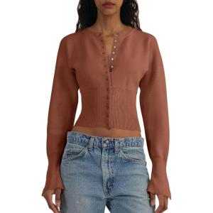 Saodimallsu Womens Cropped Sweaters Button Down Long Sleeve V Neck Ribbed Knit Slim Fit Pullover Crop Tops(Brick Red)