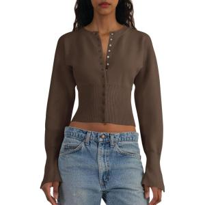 Saodimallsu Womens Cropped Sweaters Button Down Long Sleeve V Neck Ribbed Knit Slim Fit Pullover Crop Tops(Brown)