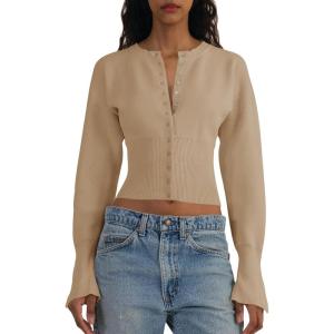 Saodimallsu Womens Cropped Sweaters Button Down Long Sleeve V Neck Ribbed Knit Slim Fit Pullover Crop Tops(Camel)