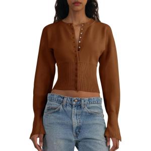 Saodimallsu Womens Cropped Sweaters Button Down Long Sleeve V Neck Ribbed Knit Slim Fit Pullover Crop Tops(Caramel)