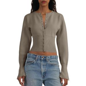 Saodimallsu Womens Cropped Sweaters Button Down Long Sleeve V Neck Ribbed Knit Slim Fit Pullover Crop Tops(Dark Khaki)