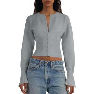 Saodimallsu Womens Cropped Sweaters Button Down Long Sleeve V Neck Ribbed Knit Slim Fit Pullover Crop Tops(Gray)
