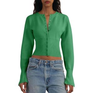 Saodimallsu Womens Cropped Sweaters Button Down Long Sleeve V Neck Ribbed Knit Slim Fit Pullover Crop Tops(Green)