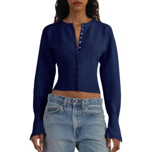 Saodimallsu Womens Cropped Sweaters Button Down Long Sleeve V Neck Ribbed Knit Slim Fit Pullover Crop Tops(Navy)