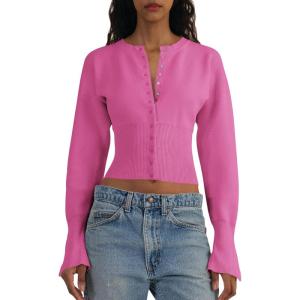 Saodimallsu Womens Cropped Sweaters Button Down Long Sleeve V Neck Ribbed Knit Slim Fit Pullover Crop Tops(Pink)