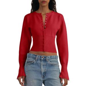 Saodimallsu Womens Cropped Sweaters Button Down Long Sleeve V Neck Ribbed Knit Slim Fit Pullover Crop Tops(Red)