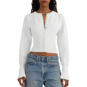 Saodimallsu Womens Cropped Sweaters Button Down Long Sleeve V Neck Ribbed Knit Slim Fit Pullover Crop Tops(White)