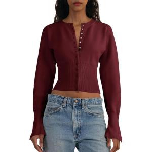 Saodimallsu Womens Cropped Sweaters Button Down Long Sleeve V Neck Ribbed Knit Slim Fit Pullover Crop Tops(Wine Red)