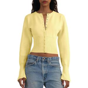 Saodimallsu Womens Cropped Sweaters Button Down Long Sleeve V Neck Ribbed Knit Slim Fit Pullover Crop Tops(Yellow)