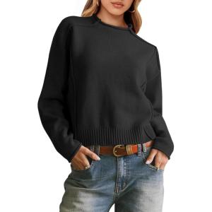 Saodimallsu Womens Cropped Sweaters Long Sleeve Mock Neck Soft Knit Casual Loose Fit Fall Pullover Sweater Tops(Black)