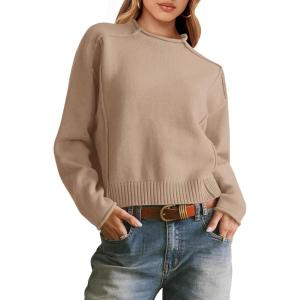 Saodimallsu Womens Cropped Sweaters Long Sleeve Mock Neck Soft Knit Casual Loose Fit Fall Pullover Sweater Tops(Khaki)