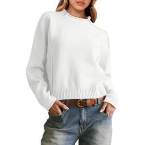 Saodimallsu Womens Cropped Sweaters Long Sleeve Mock Neck Soft Knit Casual Loose Fit Fall Pullover Sweater Tops(White)