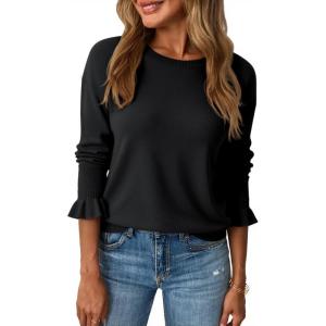 Saodimallsu Womens Fall Crew Neck Sweaters Ruffle Long Sleeve Lightweight Soft Knit Casual Pullover Top(Black)
