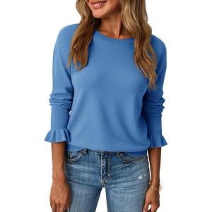 Saodimallsu Womens Fall Crew Neck Sweaters Ruffle Long Sleeve Lightweight Soft Knit Casual Pullover Top(Blue)