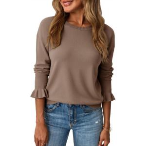 Saodimallsu Womens Fall Crew Neck Sweaters Ruffle Long Sleeve Lightweight Soft Knit Casual Pullover Top(Dark Khaki)