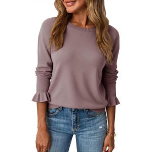 Saodimallsu Womens Fall Crew Neck Sweaters Ruffle Long Sleeve Lightweight Soft Knit Casual Pullover Top(Khaki)