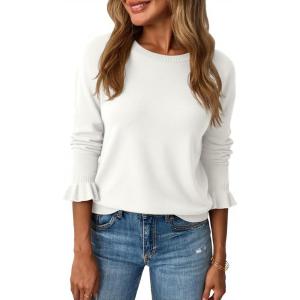 Saodimallsu Womens Fall Crew Neck Sweaters Ruffle Long Sleeve Lightweight Soft Knit Casual Pullover Top(White)