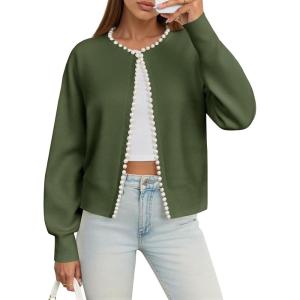 Saodimallsu Womens Fall Open Front Cardigan Sweaters Pearl Long Sleeve Knit Tops Crewneck Dressy Casual Sweater Jacket(Army Green)