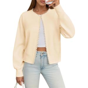 Saodimallsu Womens Fall Open Front Cardigan Sweaters Pearl Long Sleeve Knit Tops Crewneck Dressy Casual Sweater Jacket(Beige)