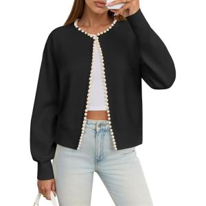 Saodimallsu Womens Fall Open Front Cardigan Sweaters Pearl Long Sleeve Knit Tops Crewneck Dressy Casual Sweater Jacket(Black)