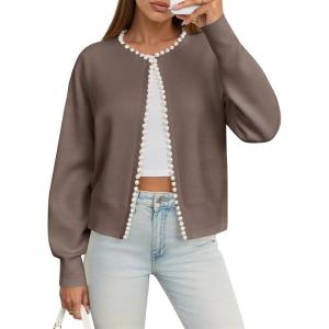 Saodimallsu Womens Fall Open Front Cardigan Sweaters Pearl Long Sleeve Knit Tops Crewneck Dressy Casual Sweater Jacket(Brown)