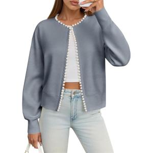 Saodimallsu Womens Fall Open Front Cardigan Sweaters Pearl Long Sleeve Knit Tops Crewneck Dressy Casual Sweater Jacket(Grey)