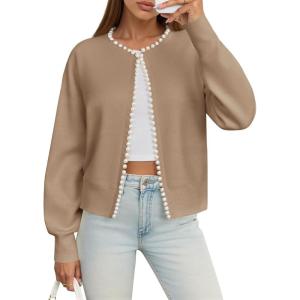 Saodimallsu Womens Fall Open Front Cardigan Sweaters Pearl Long Sleeve Knit Tops Crewneck Dressy Casual Sweater Jacket(Khaki)